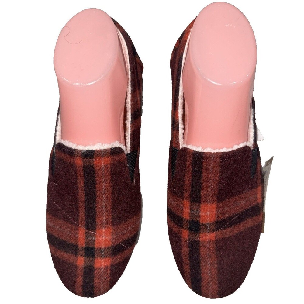 TOM'S Red Plaid Faux Shearling Slip On Loafers Flats Women's Size 9M